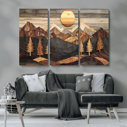 90044381-MGV-CV-36X24-Rustic Wall Art – Wooden Mountain Landscape with Sun and Pine Trees, Handcrafted Nature Canvas Style Decor for Bedroom, Living