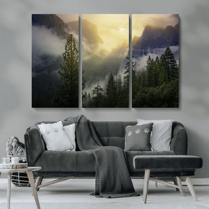 38316884-MGV-CV-36X24-Landscape Wall Art – Misty Mountain Valley Canvas Print, Scenic Pine Forest and Sunrise Photography Decor for Bedroom, Living