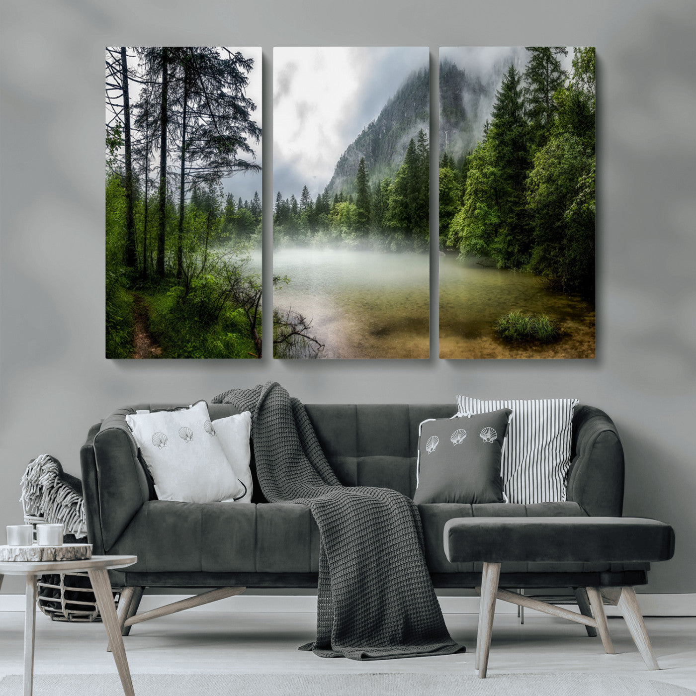 93123937-MGV-CV-36X24-Landscape Wall Art – Misty Mountain Lake Canvas Print, Tranquil Forest and Waterfall Photography Decor for Bedroom, Living Room,