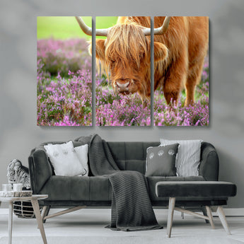 64069351-MGV-CV-36X24-Farmhouse Wall Art – Highland Cow in Wildflowers Canvas Print, Rustic Country Cattle Photography Decor for Bedroom, Living Room,