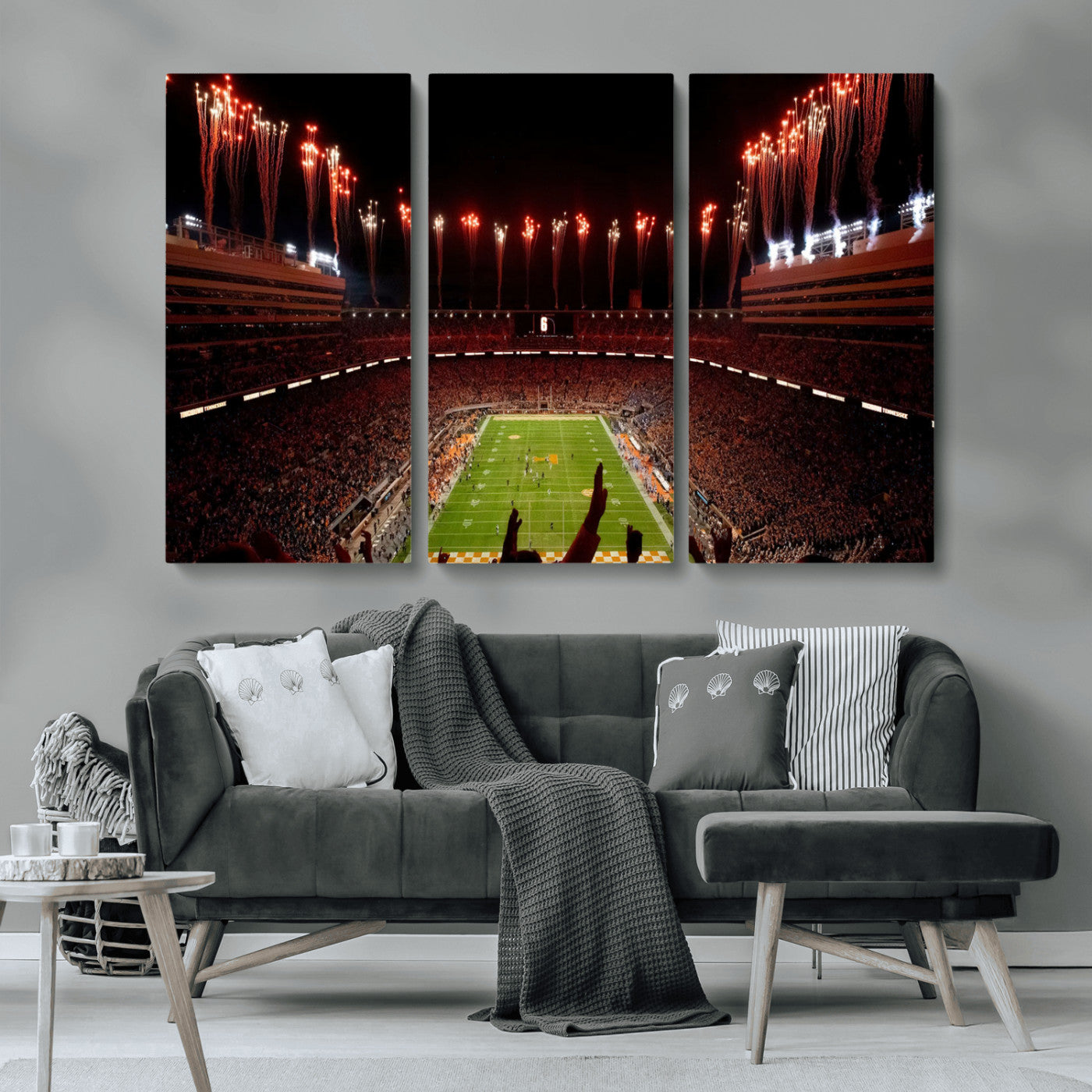 73358115-MGV-CV-36X24-Neyland Stadium Wall Art – Panoramic Tennessee Volunteers Night Game Canvas Print, Fireworks Football Celebration Sports Decor for