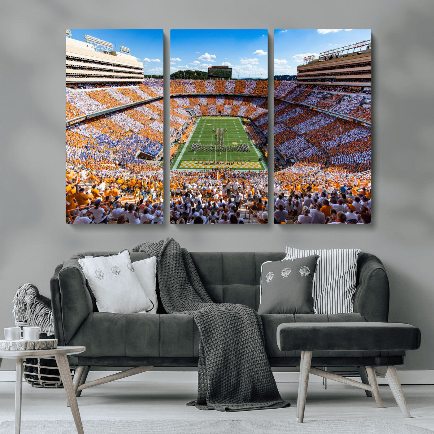 64238859-MGV-CV-36X24-Neyland Stadium Wall Art – Panoramic Tennessee Volunteers Power T Checkerboard Crowd Canvas Print, Day Game Football Band Sports