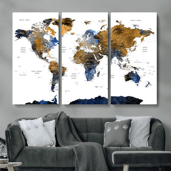 MGV-CV-48X32-3P - World Map Wall Art Canvas Print, Framed Blue Gold Map Art Picture Print, Rustic Atlas Perfect Rustic Modern Decor Artwork