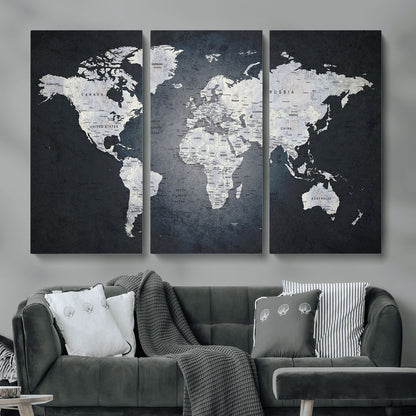 MGV-CV-48X32-3P - Monochrome World Map Wall Art Canvas Print, Framed Minimalist Map Art Picture Print, Modern Atlas Perfect Modern Minimalist Decor Artwork