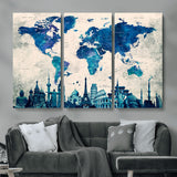 MGV-CV-48X32-3P - Blue World Map Wall Art Canvas Print, Framed Iconic Landmarks Art Picture Print, Blue Globe Map Perfect Elegant Explorer Decor Artwork