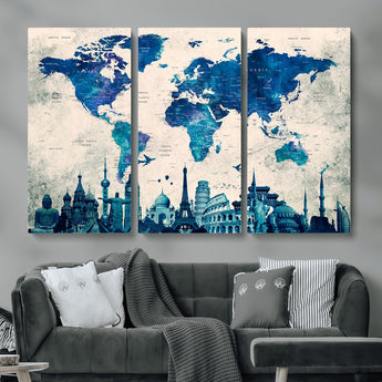 MGV-CV-48X32-3P - Blue World Map Wall Art Canvas Print, Framed Iconic Landmarks Art Picture Print, Blue Globe Map Perfect Elegant Explorer Decor Artwork