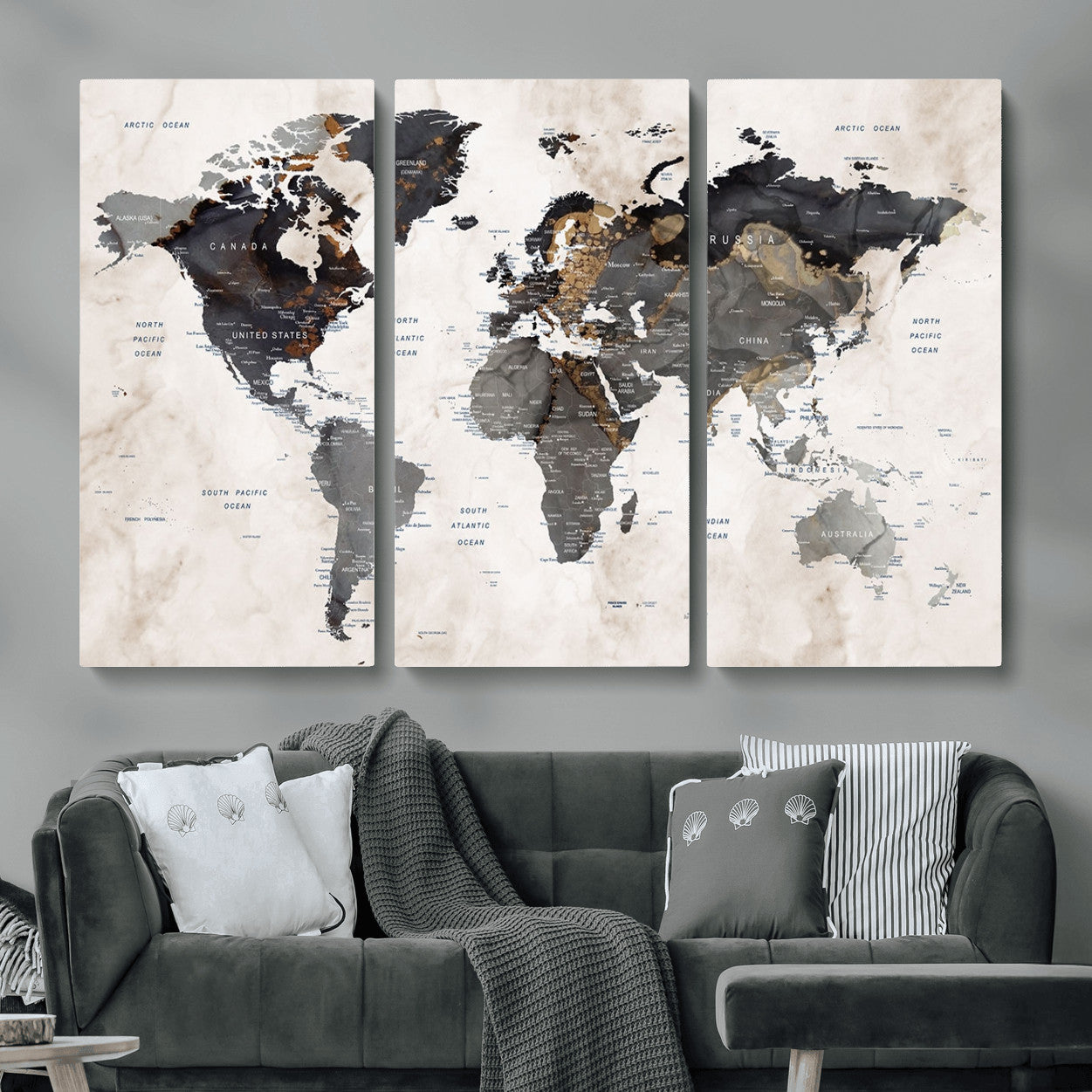 MGV-CV-48X32-3P - World Map Wall Art Canvas Print, Framed Rustic Map Art Picture Print, Antique Map Perfect Rustic Explorer Decor Artwork
