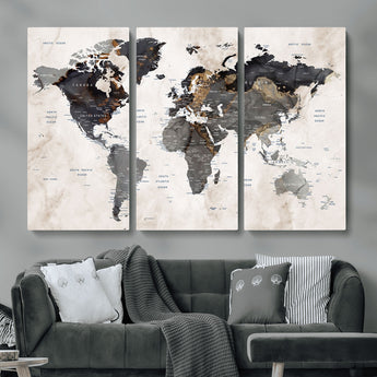 MGV-CV-48X32-3P - World Map Wall Art Canvas Print, Framed Rustic Map Art Picture Print, Antique Map Perfect Rustic Explorer Decor Artwork