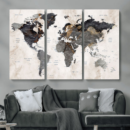 MGV-CV-48X32-3P - World Map Wall Art Canvas Print, Framed Rustic Map Art Picture Print, Antique Map Perfect Rustic Explorer Decor Artwork