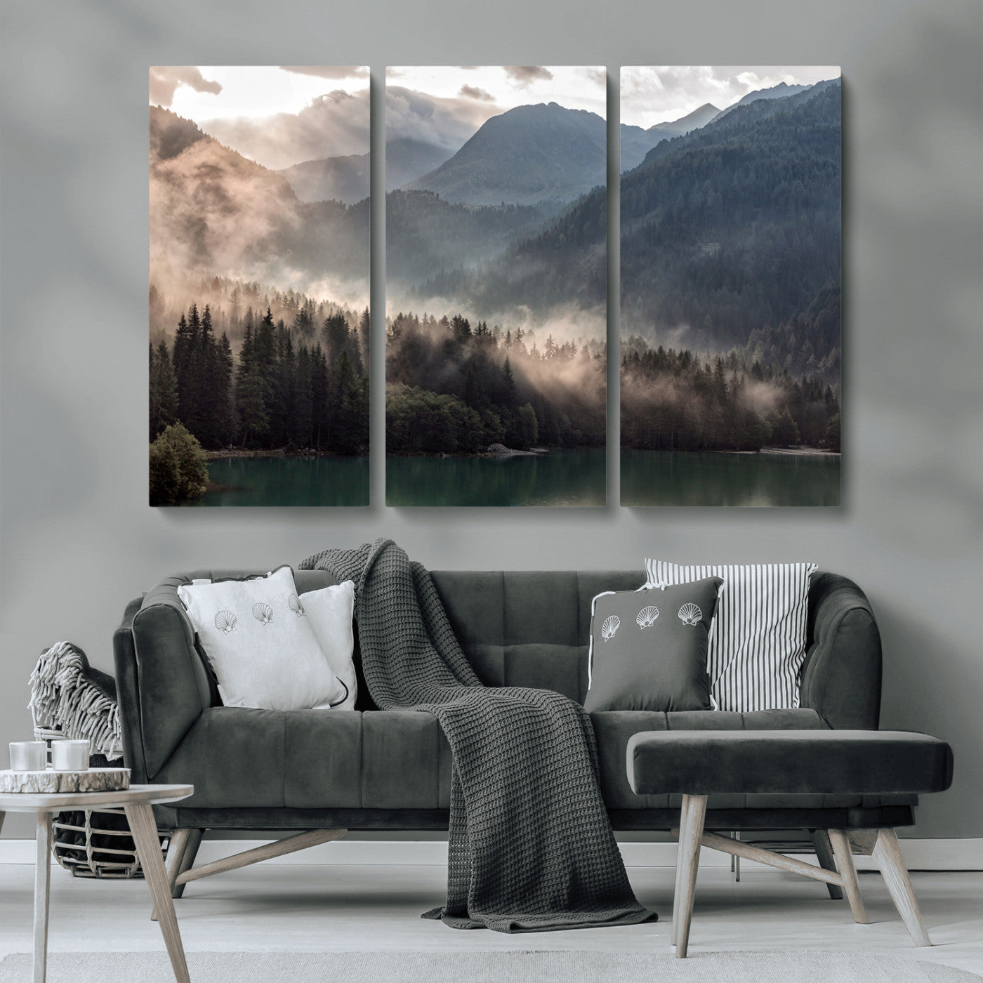 64758-MGV-CV-36X24-Misty Mountains Wall Art Canvas Print, Framed Moody Pines Art Picture Print, Forest Lake Perfect Moody Alpine Decor Artwork