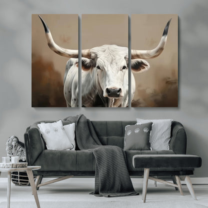 63550-MGV-CV-36X24-Texas Longhorn Wall Art Canvas Print, Framed White Bull Art Picture Print, Horned Cattle Perfect Rustic Western Decor Artwork