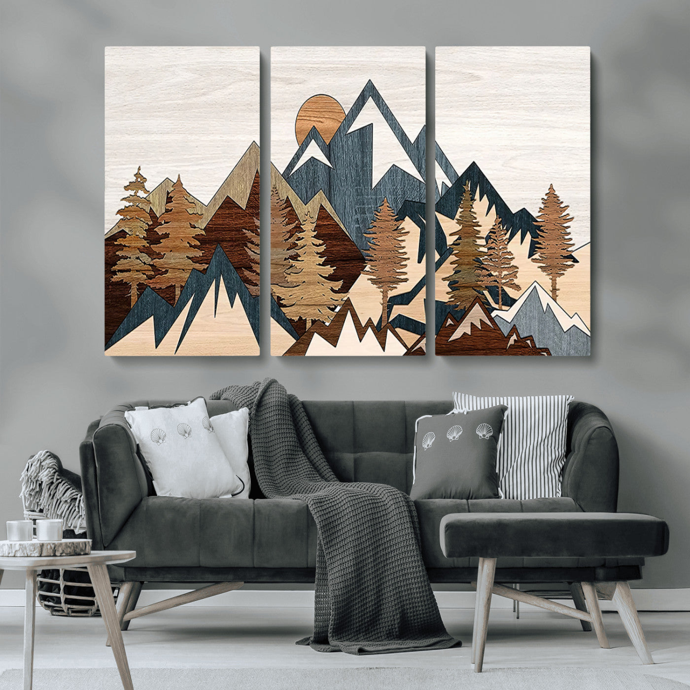 80300-MGV-CV-36X24-Geometric Mountains Wall Art Canvas Print, Framed Stylized Trees Art Picture Print, Graphic Forest Perfect Rustic Abstract Decor