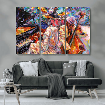 13675-MGV-CV-36X24-Jazz Band Wall Art Canvas Print, Framed Jazz Oil Painting Art Picture Print, Vibrant Music Perfect Abstract Musical Decor Artwork