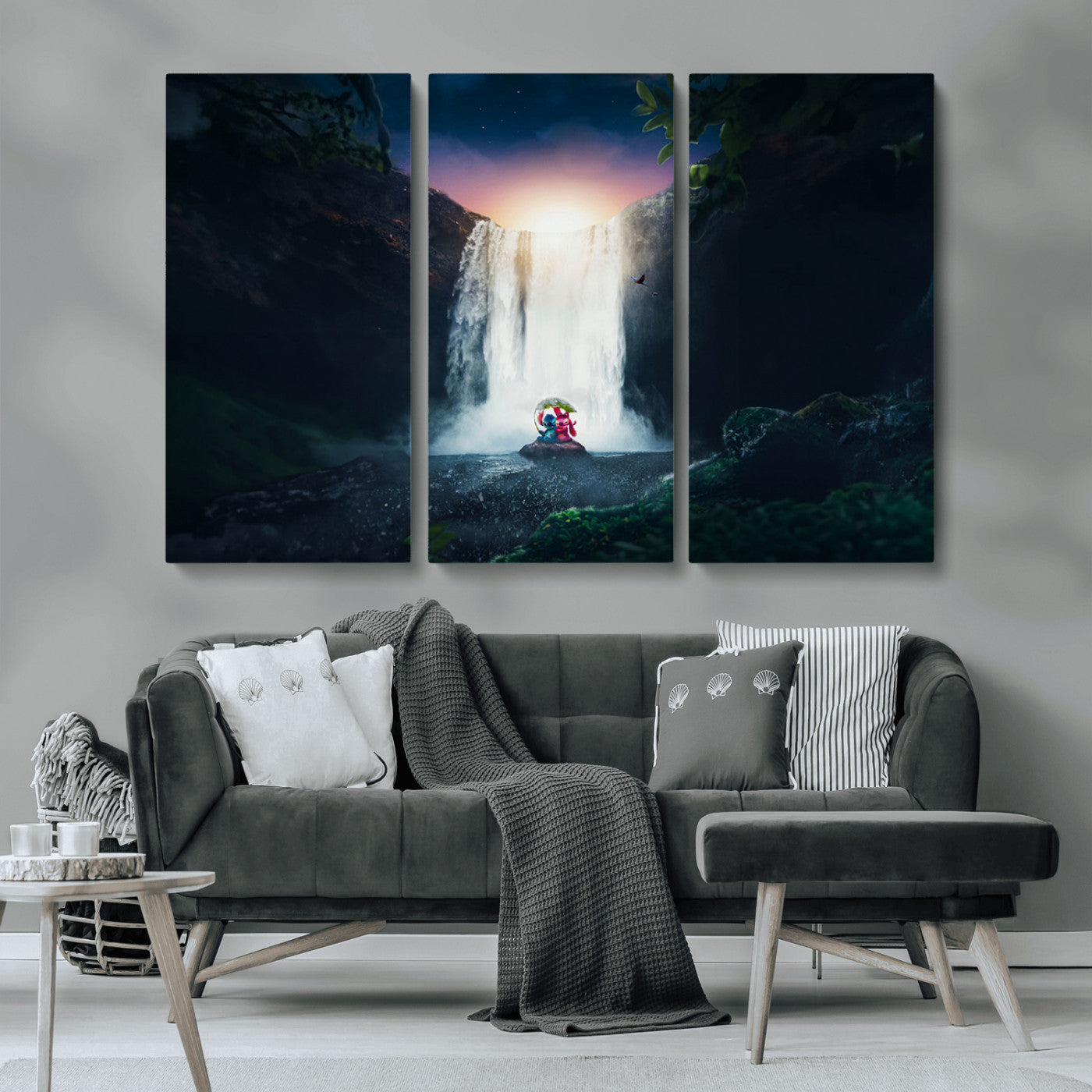 56359-MGV-CV-36X24-Lilo Stitch Wall Art Canvas Print, Framed Stitch Angel Art Picture Print, Cartoon Waterfall Perfect Tropical Fantasy Decor Artwork