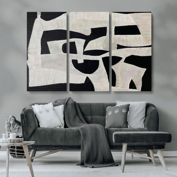 33714-MGV-CV-36X24-Monochrome Design Wall Art Canvas Print, Framed Modern Linework Art Picture Print, Textured Shapes Perfect Monochrome Modern Decor