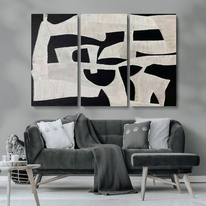 33714-MGV-CV-36X24-Monochrome Design Wall Art Canvas Print, Framed Modern Linework Art Picture Print, Textured Shapes Perfect Monochrome Modern Decor