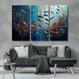 89626-MGV-CV-36X24-Fish Swarm Wall Art Canvas Print, Framed Abstract Ocean Art Picture Print, Underwater Life Perfect Vibrant Coastal Decor Artwork