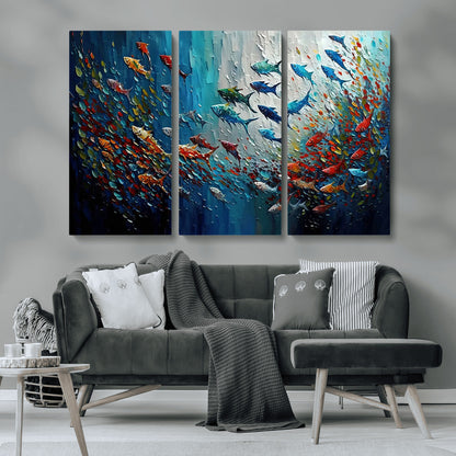 89626-MGV-CV-36X24-Fish Swarm Wall Art Canvas Print, Framed Abstract Ocean Art Picture Print, Underwater Life Perfect Vibrant Coastal Decor Artwork