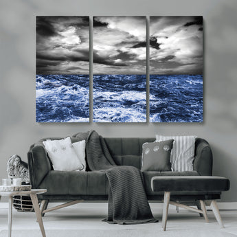 91043-MGV-CV-36X24-Stormy Ocean Wall Art Canvas Print, Framed Moody Seascape Art Picture Print, Monochrome Sea Perfect Coastal Drama Decor Artwork