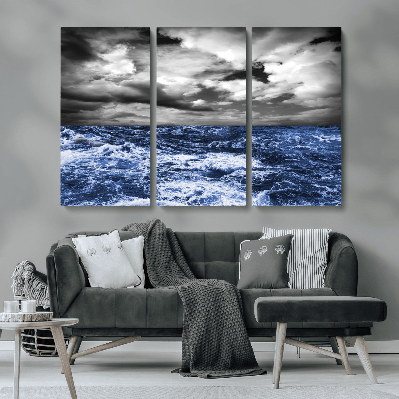 91043-MGV-CV-36X24-Stormy Ocean Wall Art Canvas Print, Framed Moody Seascape Art Picture Print, Monochrome Sea Perfect Coastal Drama Decor Artwork