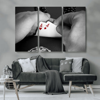 62460-MGV-CV-36X24-Poker Game Wall Art – Close Up of Hands Holding Aces with Chips, Casino Style Decor for Game Room, Man Cave or Office