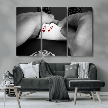62460-MGV-CV-36X24-Poker Game Wall Art – Close Up of Hands Holding Aces with Chips, Casino Style Decor for Game Room, Man Cave or Office