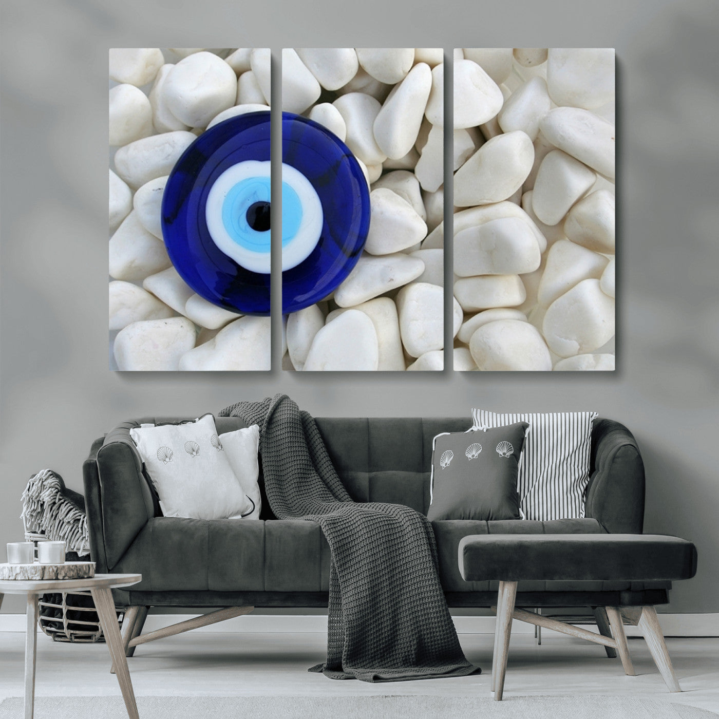 48883-MGV-CV-36X24-Evil Eye Wall Art – Deep Blue Symbol of Presence and Calm on White Stones, Subtle Spiritual Decor for Entryway, Studio, Office or