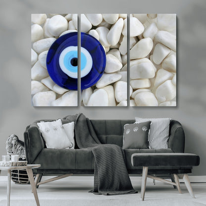 48883-MGV-CV-36X24-Evil Eye Wall Art – Deep Blue Symbol of Presence and Calm on White Stones, Subtle Spiritual Decor for Entryway, Studio, Office or
