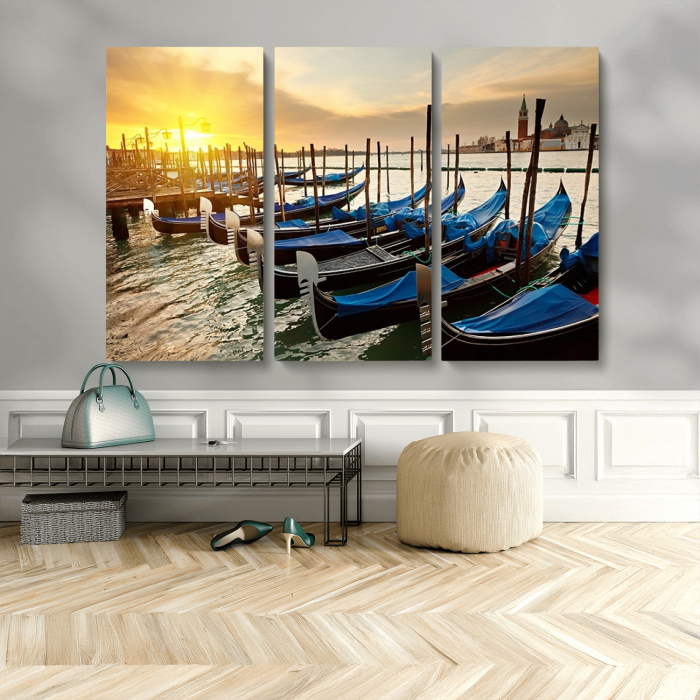 25872-MGV-CV-48X32-3P-Venetian Gondola Dock Wall Art – Serene Sunset Canal Canvas Print, Tranquil Water Travel Decor for Office, Living Room, or Man