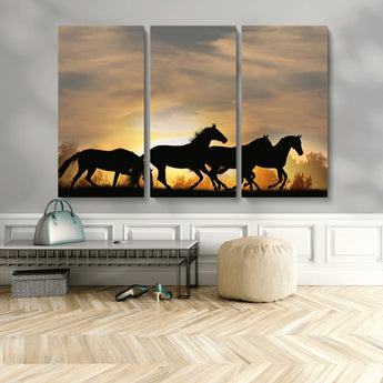 16620-MGV-CV-36X24-Sunset Stallions Wall Art – Silhouetted Horses Running Canvas Print, Nature’s Rhythm, Perfect for Living Room, Office, or Man Cave