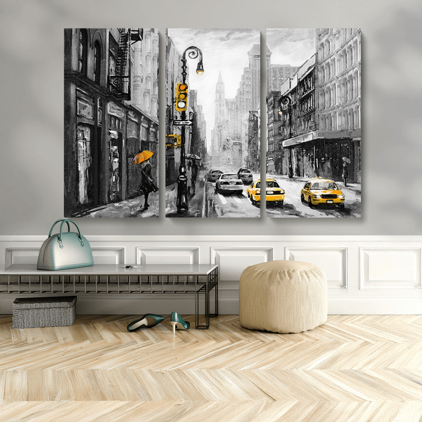 32362-MGV-CV-48X32-3P-NYC Street Wall Art – Black and White Cityscape with Yellow Taxis and Umbrella Canvas Print, Urban Home Decor for Living Room or