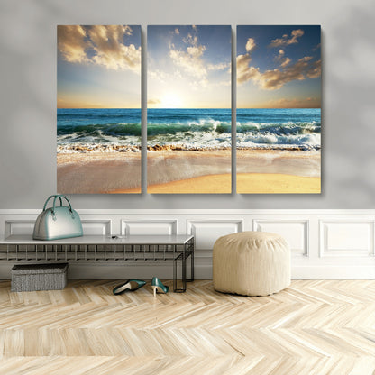 13139-MGV-CV-36X24-Sunrise Beach Wall Art – Ocean Waves and Golden Sand Canvas Print, Coastal Home Decor for Living Room, Bedroom, or Office