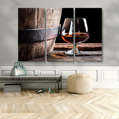 50839-MGV-CV-48X32-3P-Barrel & Brandy Wall Art – Rustic Whiskey Barrel and Brandy Glass Canvas Print, Elegant Home Bar or Lounge Decor for Office, Man