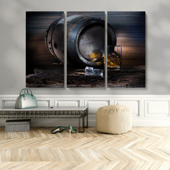 78049-MGV-CV-48X32-3P-Whiskey Barrel Wall Art – Rustic Whiskey Barrel and Glass with Ice Canvas Print, Classic Bar or Lounge Decor for Home, Office, or