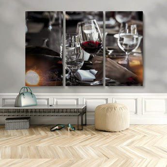 75513-MGV-CV-36X24-Elegant Wine Toast Wall Art – Close-Up Red Wine Glass at Dinner Table Canvas Print, Sophisticated Dining Room or Bar Decor