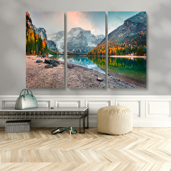 25982-MGV-CV-48X32-3P-Autumn Mountain Lake Wall Art – Panoramic Fall Foliage and Snowy Peaks Canvas Print, Scenic Nature Decor for Living Room or Office