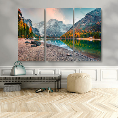 25982-MGV-CV-48X32-3P-Autumn Mountain Lake Wall Art – Panoramic Fall Foliage and Snowy Peaks Canvas Print, Scenic Nature Decor for Living Room or Office
