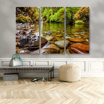 98096-MGV-CV-48X32-3P-Serene River Waterfall Nature Photo – Calm Clear Water, Vibrant Green Forest and Smooth Stones Landscape Wall Art for Home or