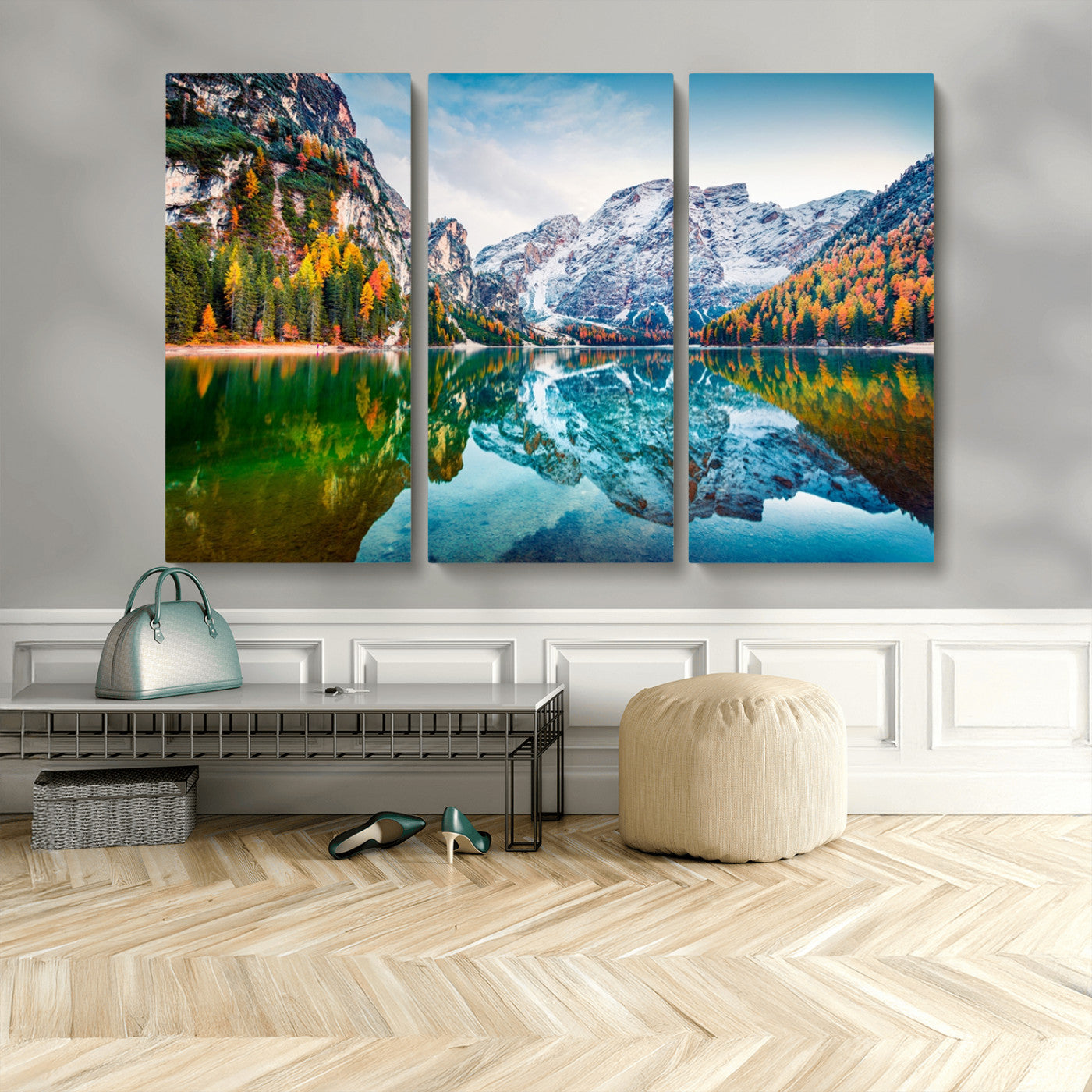 10402-MGV-CV-36X24-Snowy Mountain Lake Wall Art – Autumn Landscape Canvas Print with Reflection, Nature Decor for Living Room, Office, Bedroom or