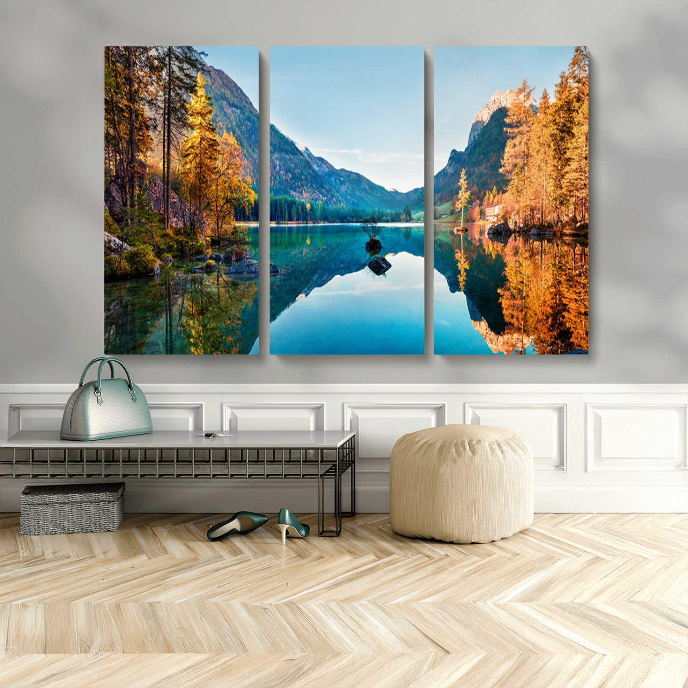 32962-MGV-CV-48X32-3P-Mountain Lake Wall Art – Tranquil Autumn Landscape Canvas Print, Nature Reflection Decor for Living Room, Bedroom, Office or Cabin
