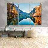 32962-MGV-CV-48X32-3P-Mountain Lake Wall Art – Tranquil Autumn Landscape Canvas Print, Nature Reflection Decor for Living Room, Bedroom, Office or Cabin