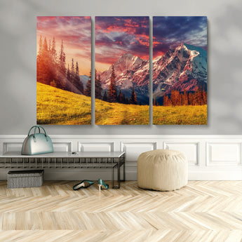 83947-MGV-CV-48X32-3P-Sunset Mountain Landscape Wall Art – Panoramic Alpine Meadow and Snow Capped Peaks Canvas Print, Nature Scenic Decor for Home,