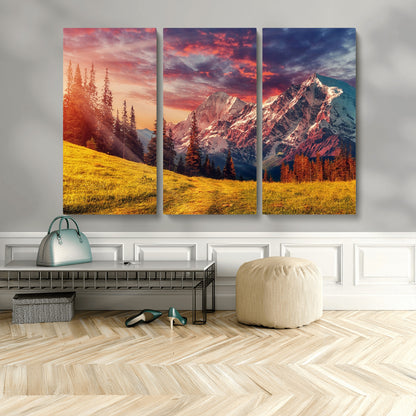 83947-MGV-CV-48X32-3P-Sunset Mountain Landscape Wall Art – Panoramic Alpine Meadow and Snow Capped Peaks Canvas Print, Nature Scenic Decor for Home,