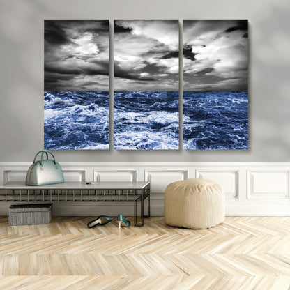 36012-MGV-CV-36X24-Dramatic Stormy Ocean Waves Black and White with Deep Blue Highlights – Moody Seascape Wall Art, Nature Photography Print for Home