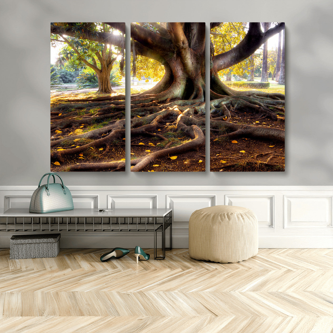53335-MGV-CV-48X32-3P-Majestic Tree with Sprawling Roots Wall Art – Serene Sunlit Park Scene, Nature Canvas Print, Perfect for Living Room, Office or