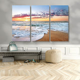 39560-MGV-CV-48X32-3P-Sunrise Beach Wall Art – Vibrant Ocean Waves and Golden Sand Canvas Print, Seaside Coastal Decor for Living Room, Bedroom or