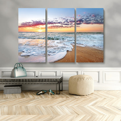 39560-MGV-CV-48X32-3P-Sunrise Beach Wall Art – Vibrant Ocean Waves and Golden Sand Canvas Print, Seaside Coastal Decor for Living Room, Bedroom or