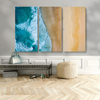 46640-MGV-CV-48X32-3P-Aerial Beach Wall Art – Turquoise Waves and Golden Sand Canvas Print with Lone Surfer, Coastal Ocean Decor for Living Room,