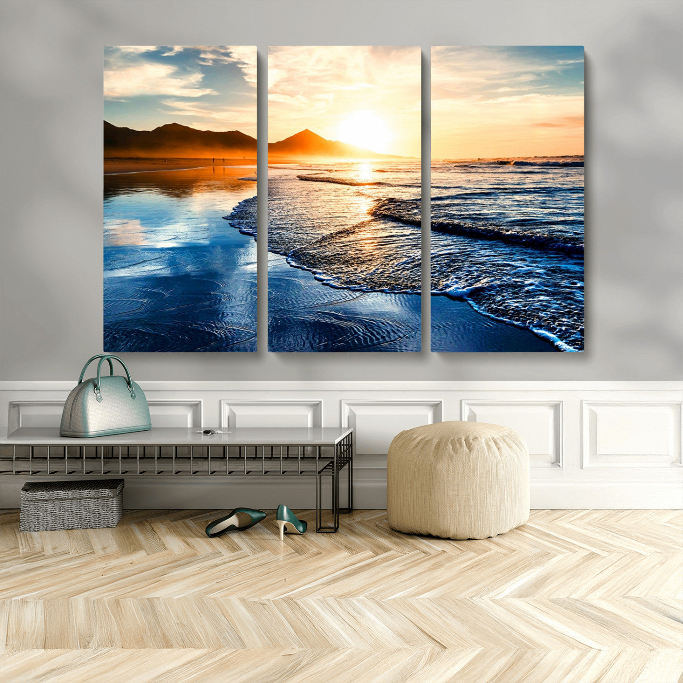 86173-MGV-CV-48X32-3P-Golden Sunset Beach Wall Art – Reflective Ocean Canvas Print with Mountains and Waves, Coastal Nature Decor for Living Room,