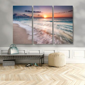 71849-MGV-CV-48X32-3P-Sunrise Ocean Beach Wall Art – Serene Seascape Canvas Print with Gentle Waves, Coastal Nature Decor for Bedroom, Living Room or